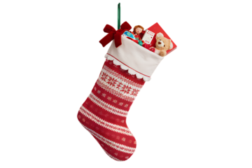 A Festive Christmas Stocking Overflowing with Delightful Gifts and Treats for a Joyful Holiday Season Isolated on transparent background, cutout