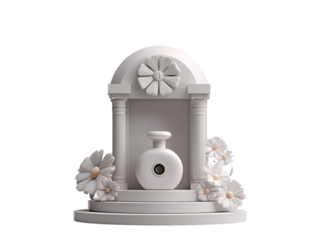 Elegant, white pedestal display with arched top, featuring a circular perfume bottle and floral motifs