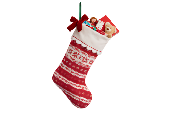 A Festive Christmas Stocking Overflowing with Delightful Gifts and Treats for a Joyful Holiday Season Isolated on transparent background, cutout	