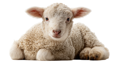 Close-up of a fluffy, light beige lamb, looking directly at viewer