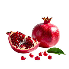 A whole pomegranate and a cut section showcasing vibrant red arils, accompanied by scattered seeds and a green leaf on a black background