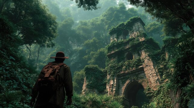 A lone explorer with a backpack and hat discovers an ancient, overgrown stone ruin deep in a misty forest.