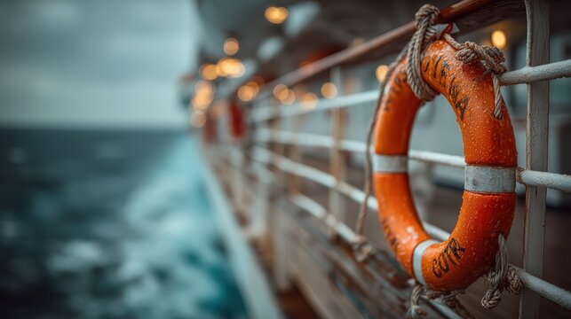 A bright orange lifebuoy hangs on a ship's railing with a blurred ocean and bokeh lights in the background. - Powered by Adobe