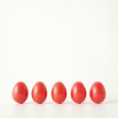 Obraz premium Five red easter eggs in a row on white background with soft reflection, minimalist holiday decor