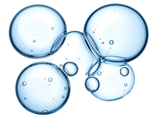 Four translucent, spherical blobs of gel, interconnected, containing smaller bubbles within, against a black background