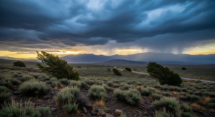 Dramatic sky over a vast landscape with mountains and vegetation.