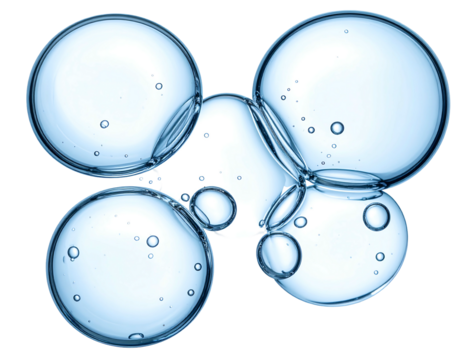 Four translucent, spherical blobs of gel, interconnected, containing smaller bubbles within, against a black background