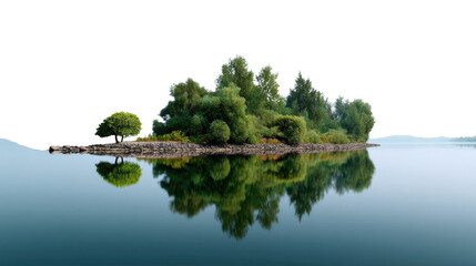 Island Paradise Reflection: A small, verdant island lush with trees sits serenely reflected in the tranquil waters of a lake, with clear skies. 