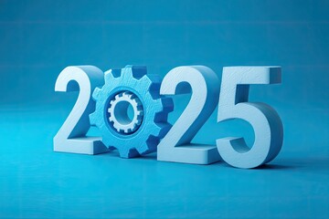 2025 with gear, 3D render, light blue