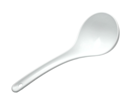 A pristine white, elongated ceramic soup ladle with a rounded bowl and a small hole at the handle's end