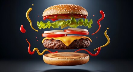 Exploded burger concept with ingredients floating on a dark background