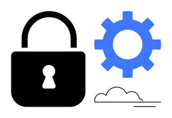 Black lock, blue gear, and minimalist cloud together represent safety, technology, and cloud-based systems. Ideal for cyber protection, innovation, digital safety, industry maintenance