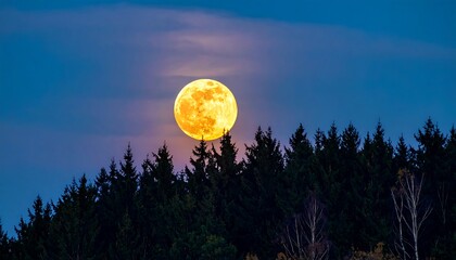 A stunning view of a large, full moon shining brightly above a forest. The sky transitions from dark blue to orange