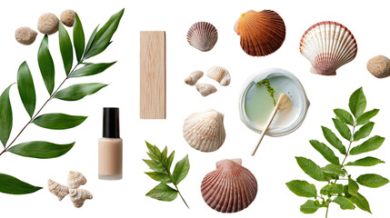 Serene Coastal Arrangement: An overhead shot captures a zen-like collection of coastal elements and minimalist skincare essentials, embodying tranquility and a spa-like essence.