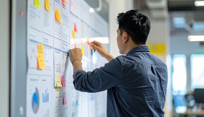 Asian man reviewing a whiteboard covered with charts and sticky notes in an office, organizing project tasks and workflow during a planning session.