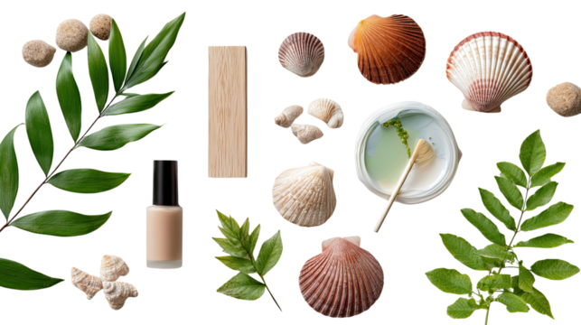 Serene Coastal Arrangement: An overhead shot captures a zen-like collection of coastal elements and minimalist skincare essentials, embodying tranquility and a spa-like essence. - Powered by Adobe