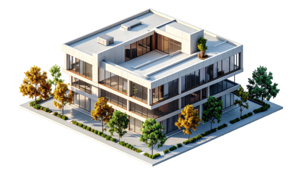 Modern three-story building with glass facade, rooftop terrace, and surrounding autumnal trees, isometric perspective