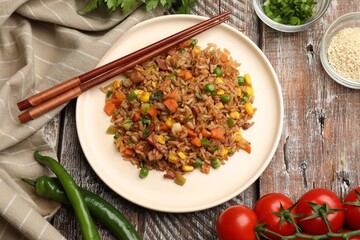 Delicious fried rice with vegetables and bacon served on wooden table, flat lay