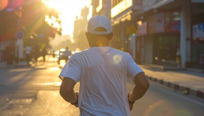 Fototapeta premium Man in a white cap and t-shirt walking down a city street at sunset, with golden sunlight illuminating the background and creating a warm, hopeful atmosphere.