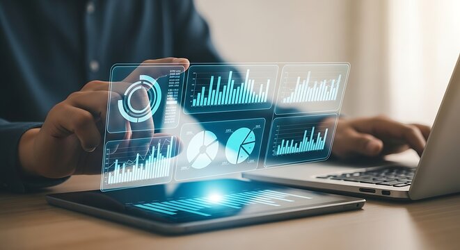 Analyst managing virtual data dashboard on tablet and laptop reviewing graphs for insights optimizing the workflow