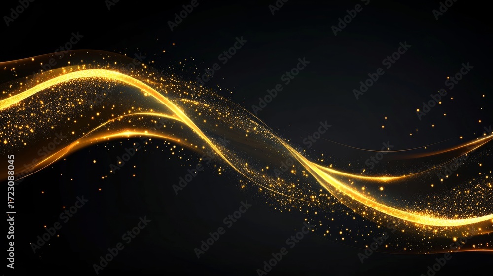 Poster elegant abstract golden light trails on dark background with shiny sparks flowing smoothly