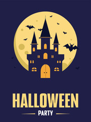 Halloween party invitation with haunted castle silhouette, bats flying in the night and full moon in the background illustration