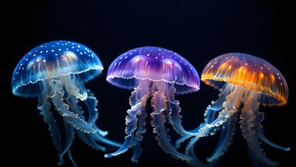 Colorful jellyfish swimming in dark ocean water bioluminescent sea creatures stock photo