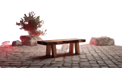 Serene Benchscape: A solitary wooden bench sits peacefully on a cobbled path, framed by a stylized tree and textured rocks, inviting contemplation and stillness. 