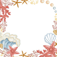 Square frame of blue wave and pearl in watercolor style. Hand drawn line art with red starfish and coral in colored pencil sketch. Great for summer card template. Perfect for nautical coastal print.