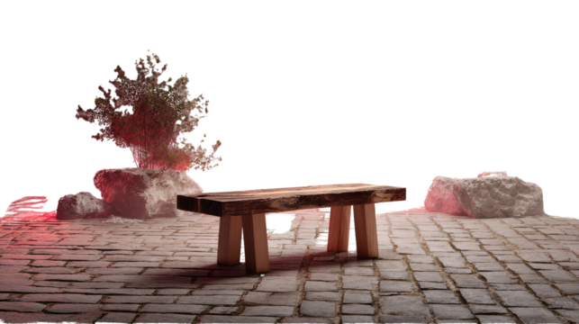 Serene Benchscape: A solitary wooden bench sits peacefully on a cobbled path, framed by a stylized tree and textured rocks, inviting contemplation and stillness. 