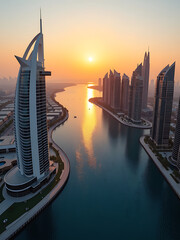 breathtaking view dubai marina district sunset sleek modern skyscrapers calm waterways glistening warm golden