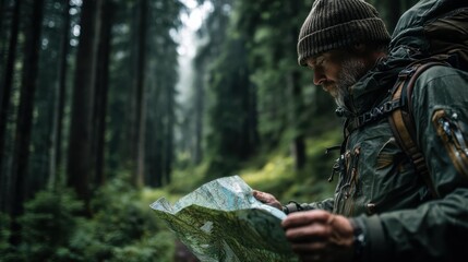 A man in outdoor gear studies a map deeply in a dense, misty forest during a hiking or trekking adventure.