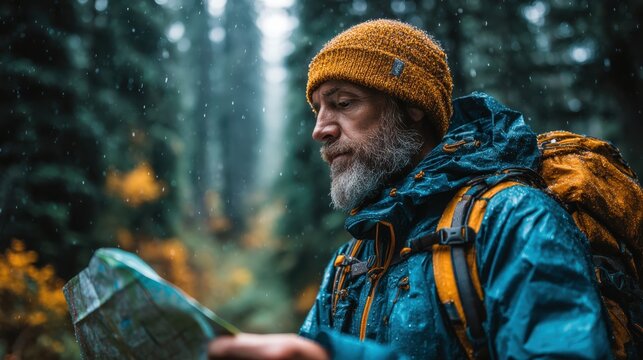 A bearded man in a yellow knit hat and blue rain jacket studies a map in a rainy forest, focused and prepared for outdoor adventure. - Powered by Adobe