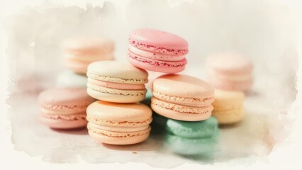 Obraz premium Indulge in delightful pastel macarons artfully stacked, offering a sweet and elegant treat for any occasion, perfect for culinary blogs and charming invitations.