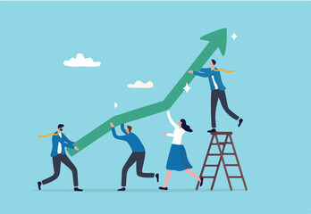 Team growth, teamwork to help improve working and achieve success, work together or cooperate to increase efficiency concept, business people help pushing green graph and chart arrow rising up