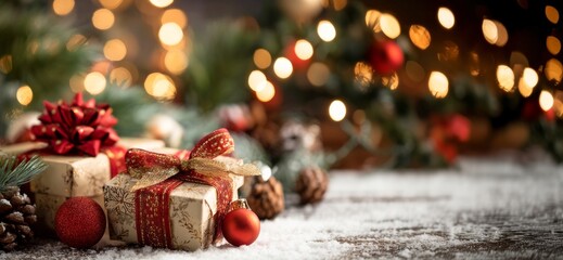 Christmas gift boxes and tree with lights on background. Banner.