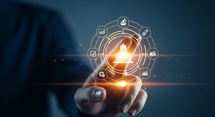 Man s Finger Interacting With Circular Digital Interface Displaying Business Data and Technology Icons on a Blue