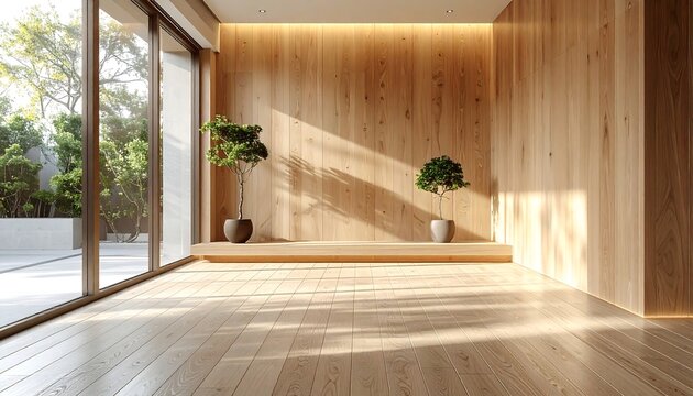 A sunlit interior with wooden flooring, walls, and a raised platform holding two bonsai trees, next to a large window overlooking greenery