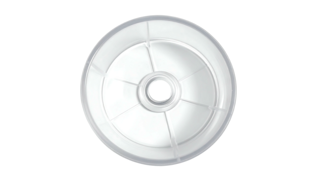 Circular, translucent white plastic component with central hub and five radiating vanes; likely a part for a machine or appliance