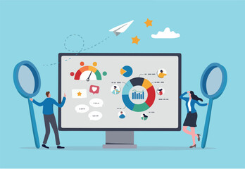 CRM customer relationship management software, marketing communication strategy, client analysis, social listening or interaction concept, business people working on CRM software with information.