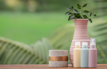 Product advertisement set at open-air spa setting with unlabeled product samples on wooden top