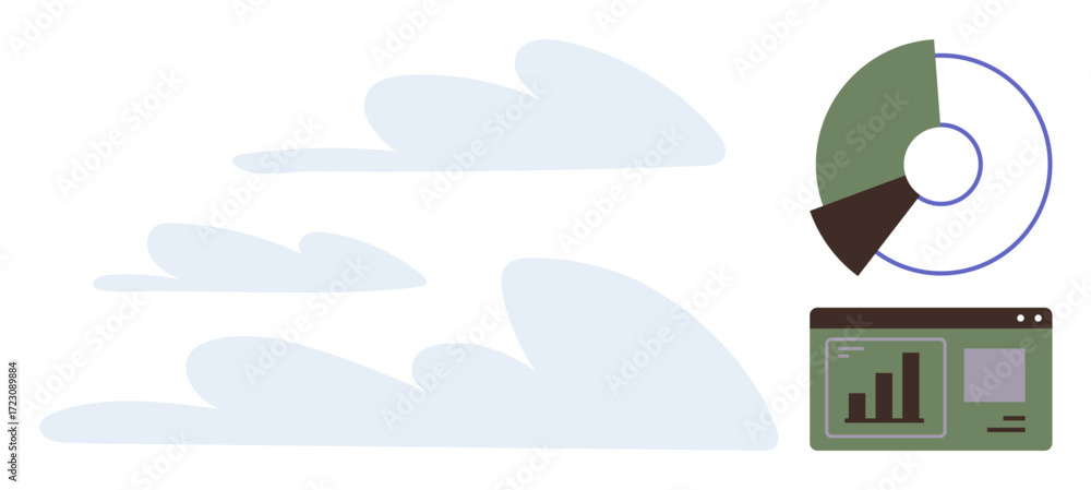 Aufkleber pie chart and analytics dashboard rectangle with ascending bar graph alongside soft clouds. ideal fo