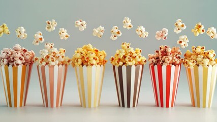 A row of colorful popcorn buckets filled with freshly popped popcorn, perfect for parties or movie nights