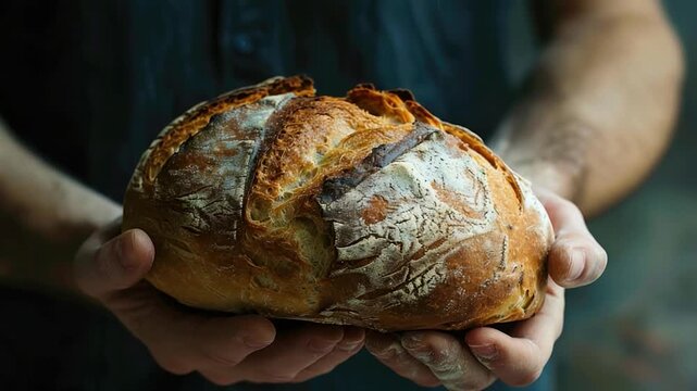 A person holds a loaf of bread in their hands, perfect for food or lifestyle photography