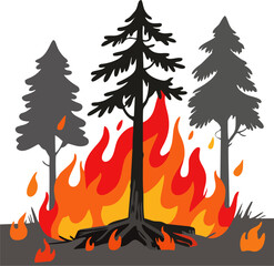Vector Illustration of Burning Pine Tree Wildfire with Roots Engulfed in Flames – Forest Fire Disaster, Environmental Damage, and Climate Change Icon