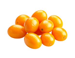 A cluster of ten vibrant, glossy, oblong kumquats, arranged loosely, showcasing their bright orange hue and smooth skin