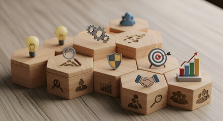 Conceptual wooden blocks illustrating strategic business growth and development principles