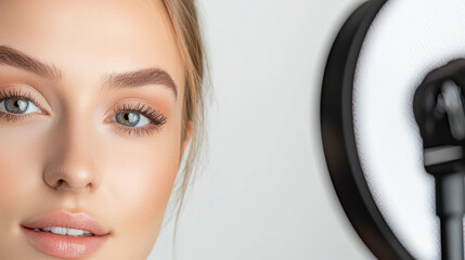 Close up of beauty blogger showcasing flawless skin and makeup, illuminated by ring light, creating soft and inviting atmosphere