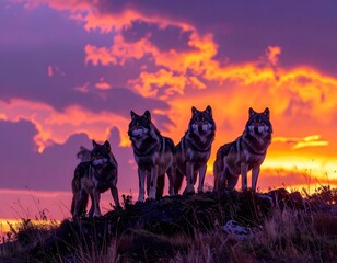 A majestic pack of four wild wolves standing proudly against a dramatic and fiery sunset sky