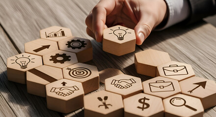 Conceptual strategy: Hand placing an idea block in a network for business growth